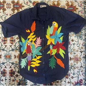 Vintage Tropical Art Shirt With Embroidered Tropical Parrots Adult Medium 80s